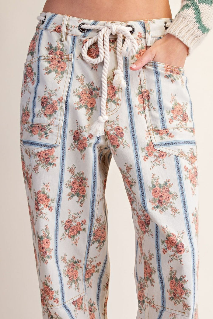 Engineer Style Khaki Floral Drawstring Pants