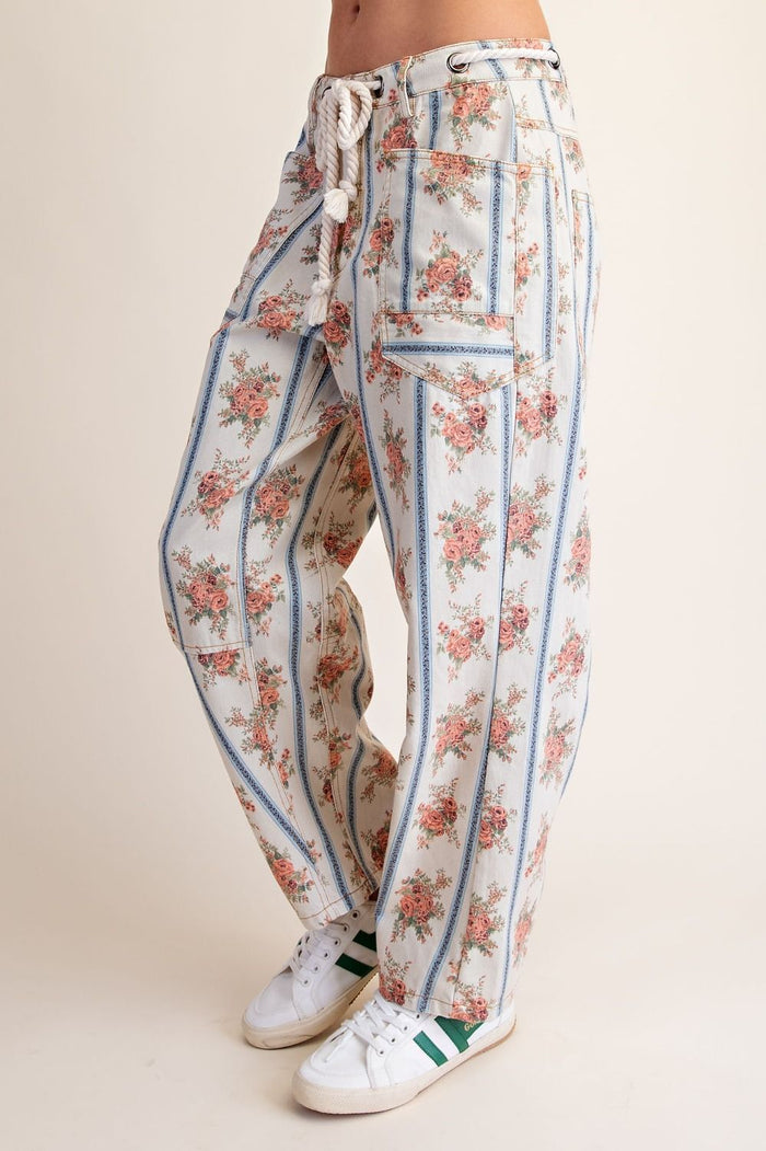 Engineer Style Khaki Floral Drawstring Pants