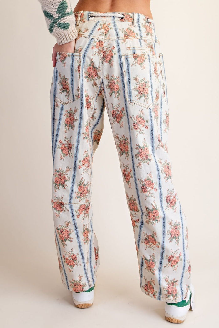 Engineer Style Khaki Floral Drawstring Pants