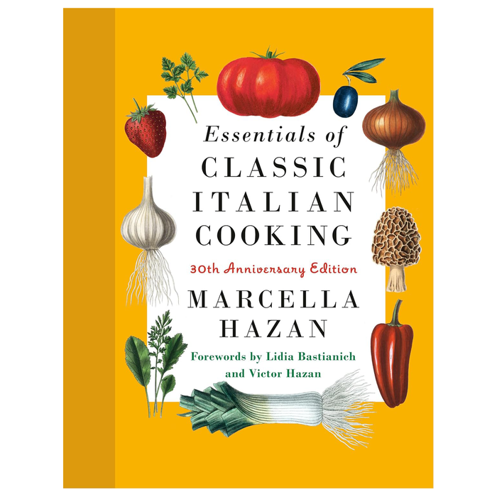 Book cover of 'Essentials of Classic Italian Cooking' with illustrations of vegetables on a yellow background