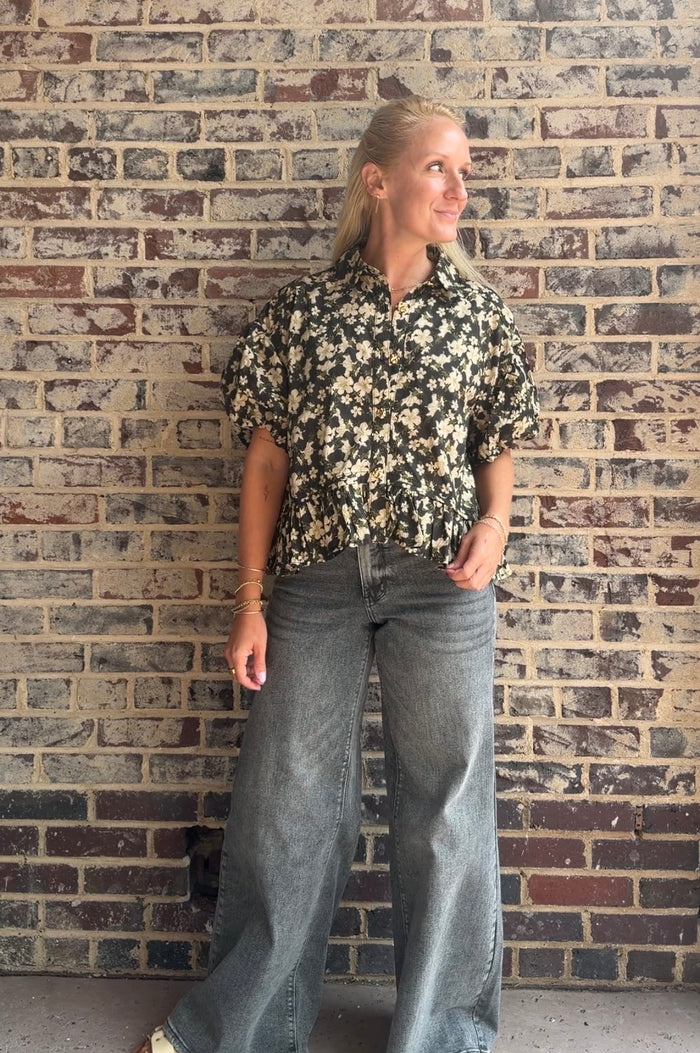 Florals and Buttons Black Short Sleeve Top