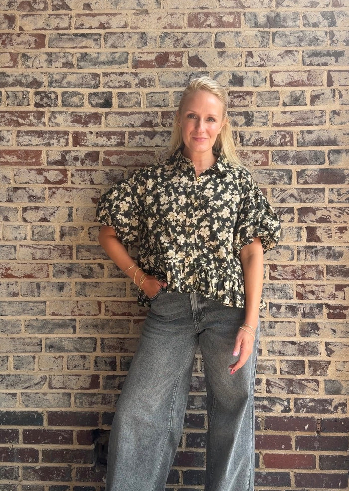 Florals and Buttons Black Short Sleeve Top