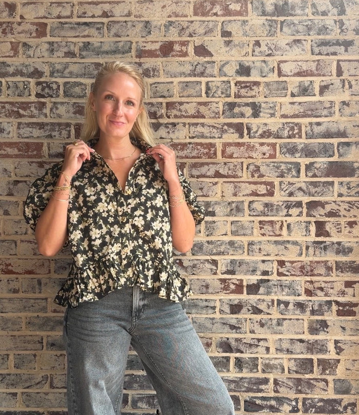 Florals and Buttons Black Short Sleeve Top