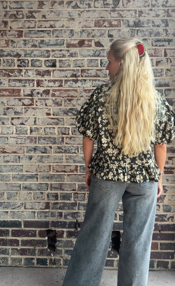 Florals and Buttons Black Short Sleeve Top