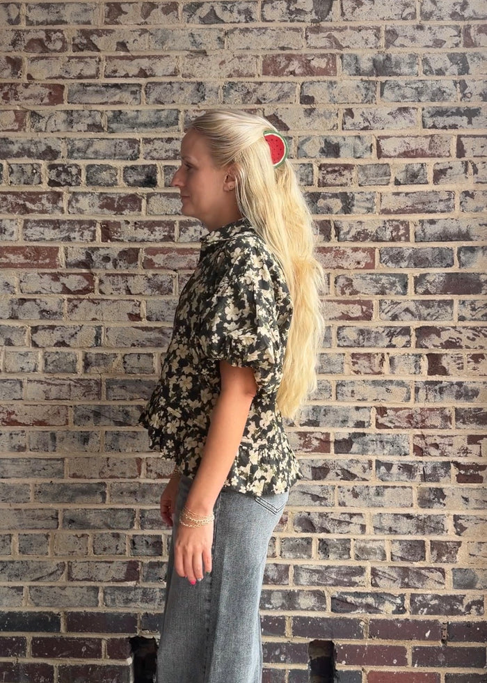 Florals and Buttons Black Short Sleeve Top
