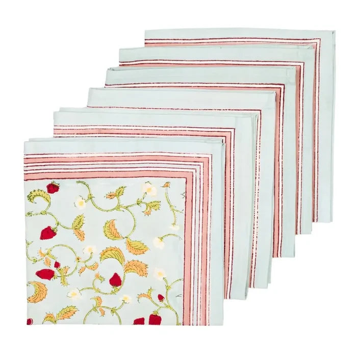 Set of six light blue strawberry print napkins with pink borders