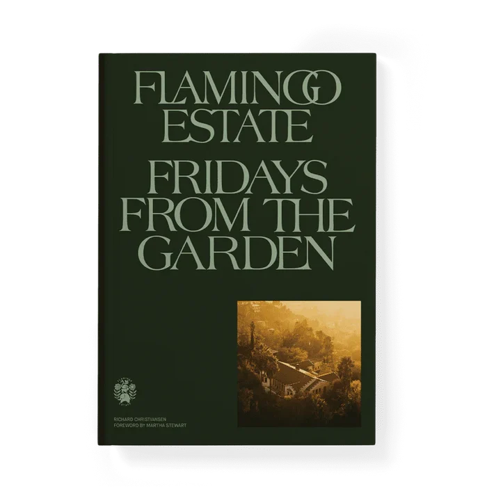 A book cover for 'Flamingo Estate: Fridays From the Garden' by Charles Foster and Mary Ellen Stewart, featuring a dark forest green background with light sage-green serif text and a small landscape photograph in the lower right.