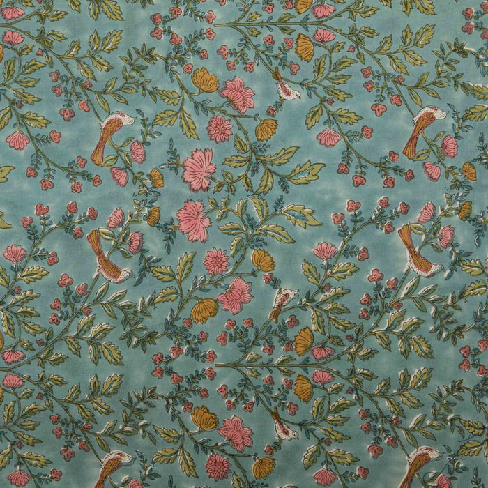Floral and bird pattern on a teal background