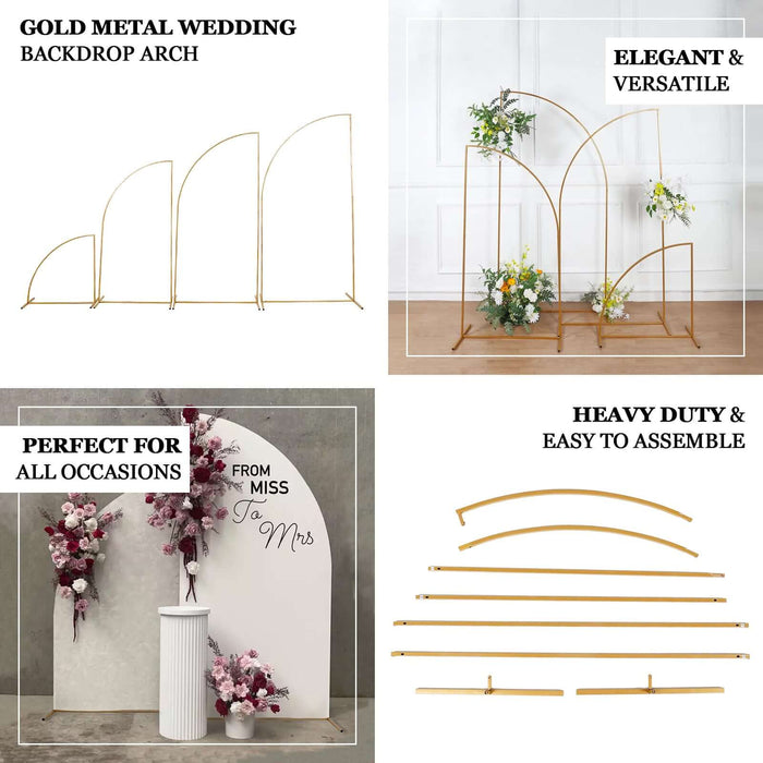 Gold metal wedding backdrop arch, elegant design for all occasions.
