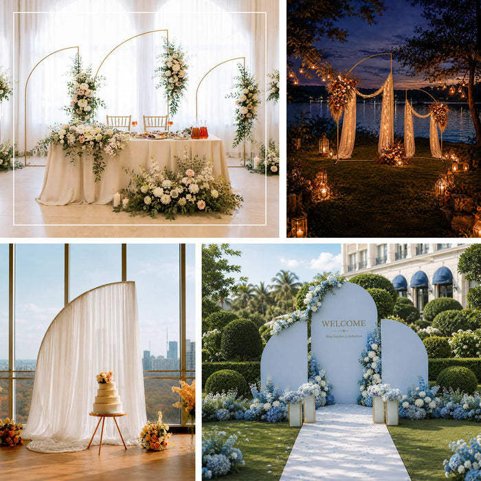 Elegant wedding stage decor with floral arches, draped curtains, and welcome backdrop