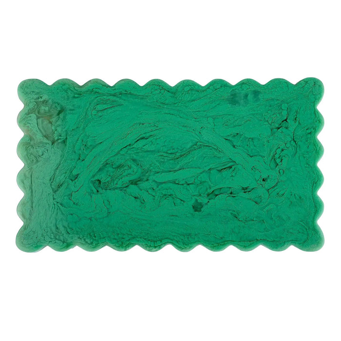 A rectangular green tray with a wavy scalloped edge and a marbled, textured surface, shown against a plain white background.