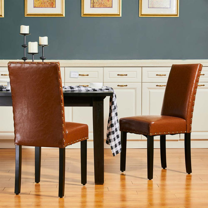 High-Back Brown PU Upholstered Dining Chair with Studded Decor, Set of 2