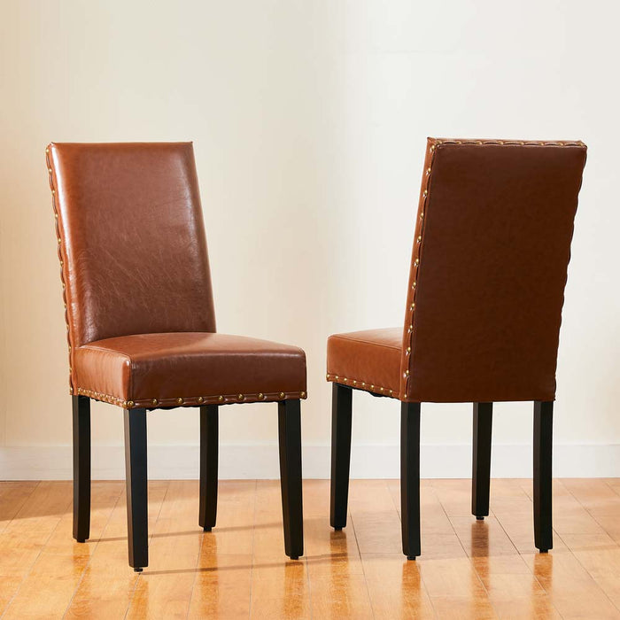 High-Back Brown PU Upholstered Dining Chair with Studded Decor, Set of 2