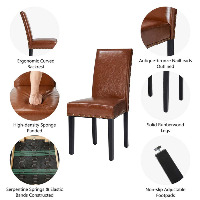 High-Back Brown PU Upholstered Dining Chair with Studded Decor, Set of 2