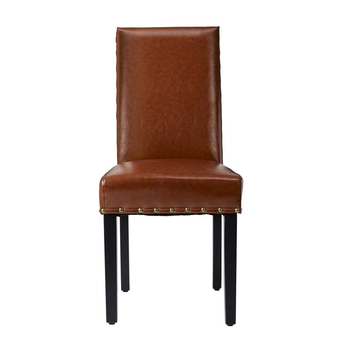 High-Back Brown PU Upholstered Dining Chair with Studded Decor, Set of 2