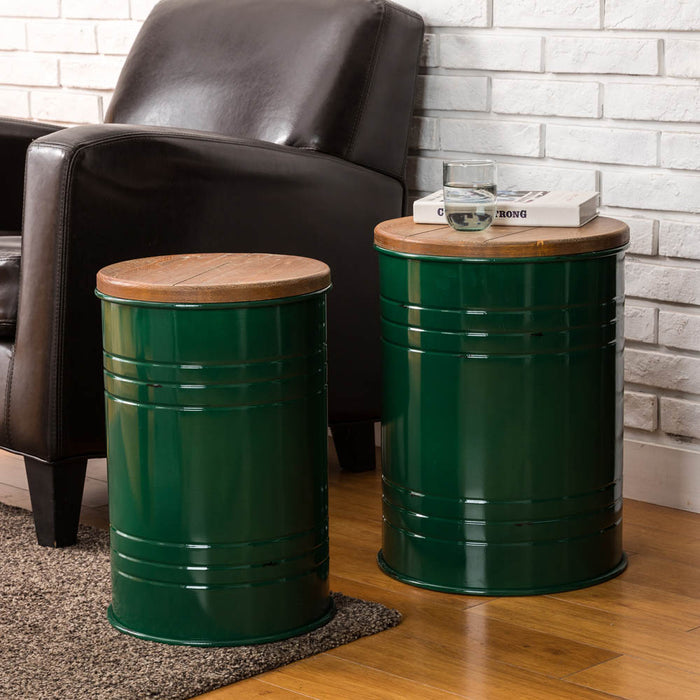 Hunter Green Modern Metal Storage Accent Table or Stool with Solid Wood Lid, Set of 2
