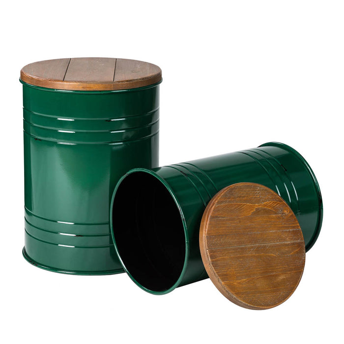 Hunter Green Modern Metal Storage Accent Table or Stool with Solid Wood Lid, Set of 2