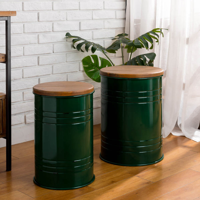 Hunter Green Modern Metal Storage Accent Table or Stool with Solid Wood Lid, Set of 2