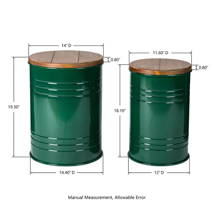 Hunter Green Modern Metal Storage Accent Table or Stool with Solid Wood Lid, Set of 2