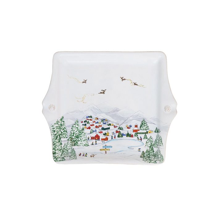 A white square tray painted with a winter snowy town scene