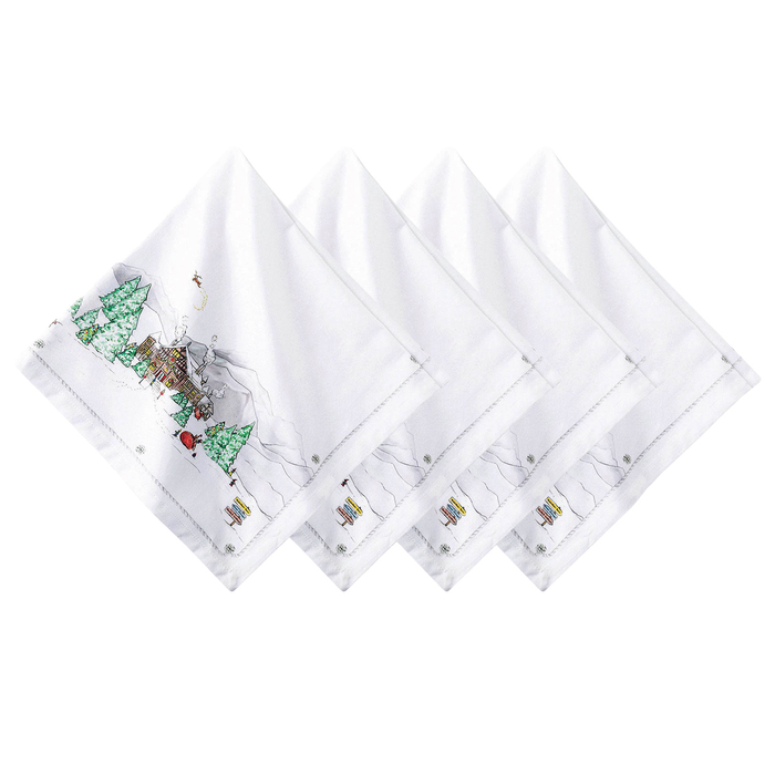Set of white napkins with Christmas village designs