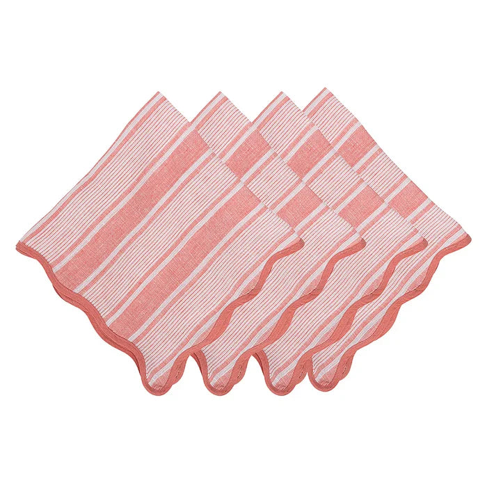 Set of three pink and white striped napkins with wavy borders