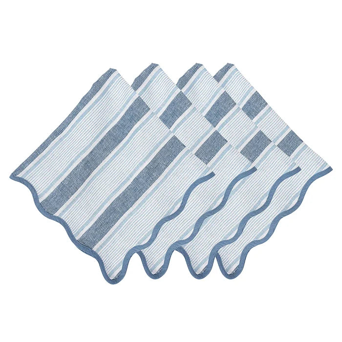 Set of three blue and white striped napkins with wavy borders