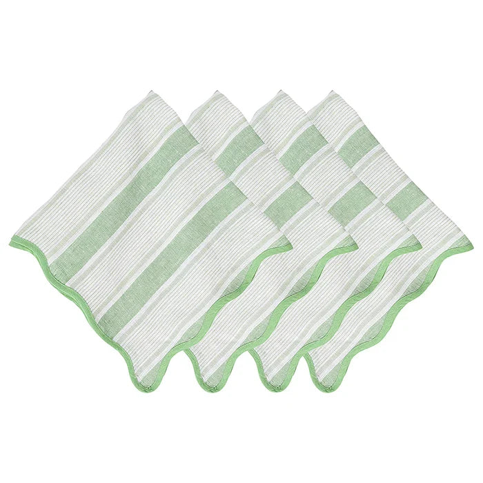 Set of three green and white striped napkins with wavy borders