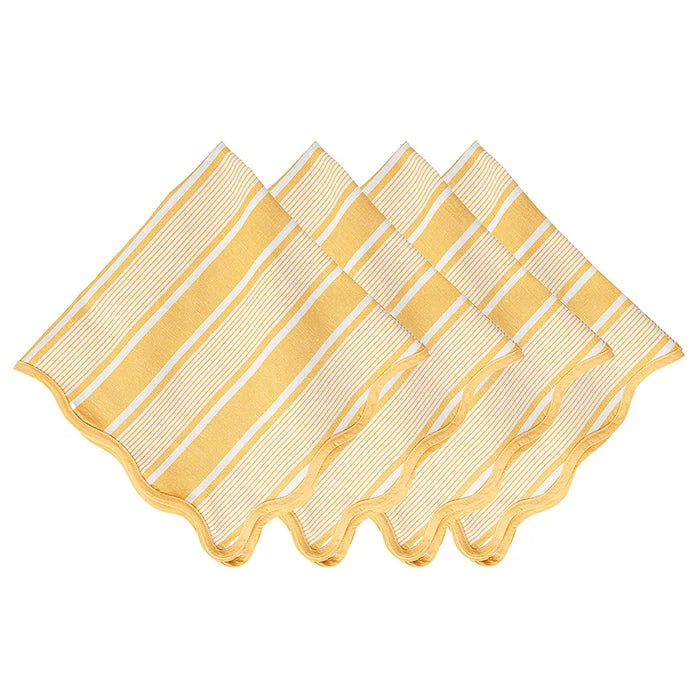 Set of three yellow and white striped napkins with wavy borders