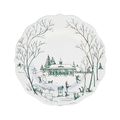 Decorative plate with a green painted winter scene design featuring trees, a pavilion, and people dancing in a snowy landscape.