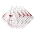 Six white tea towels with a red toile-style holiday print