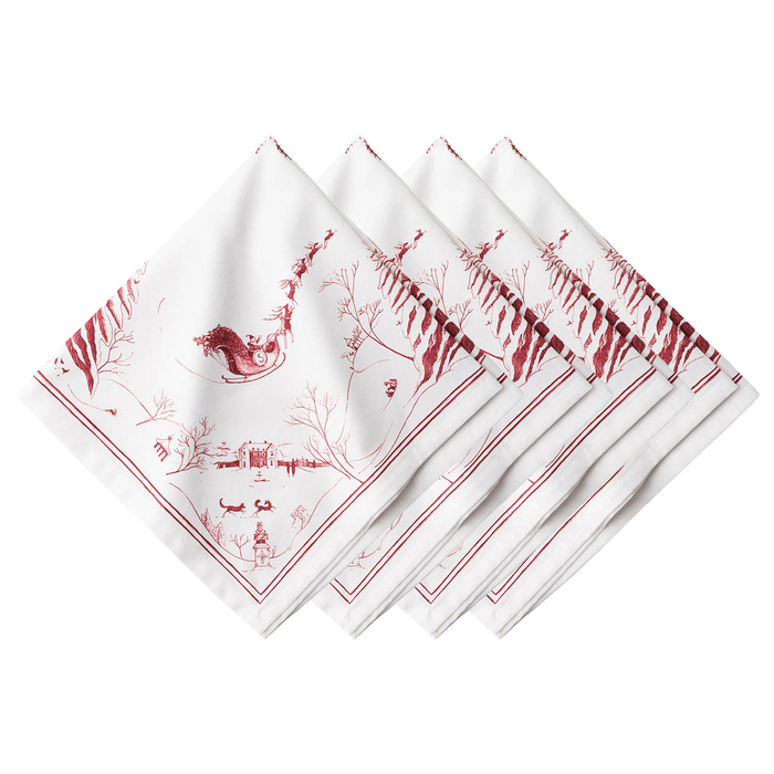 Six white tea towels with a red toile-style holiday print