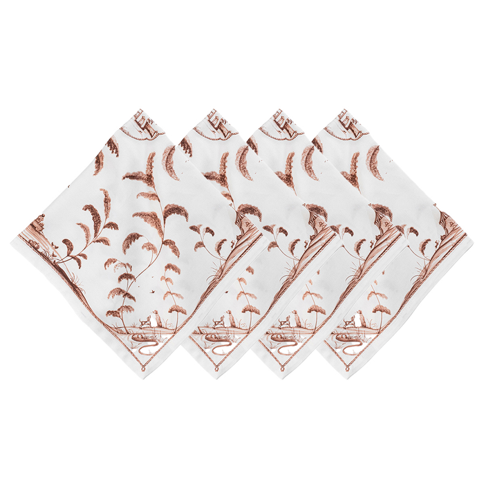 Set of four white napkins with brown floral patterns