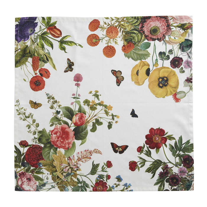 Floral patterned fabric with colorful marigolds, poppies, pansies, anemones, and carnations and butterflies on a white background