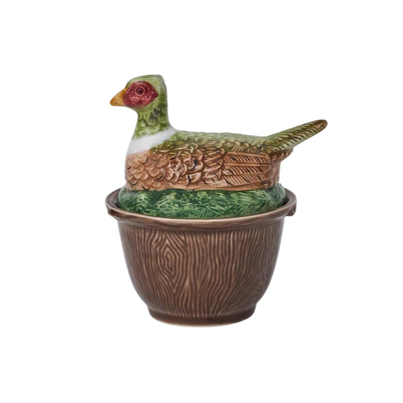 Ceramic bowl with a lid shaped like a pheasant