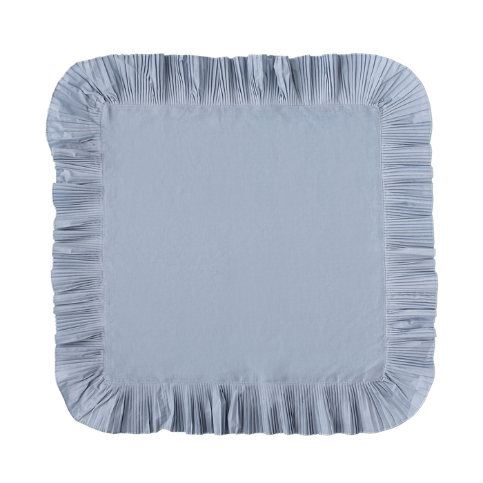 A square light blue napkinr with a pleated ruffled border, shown flat