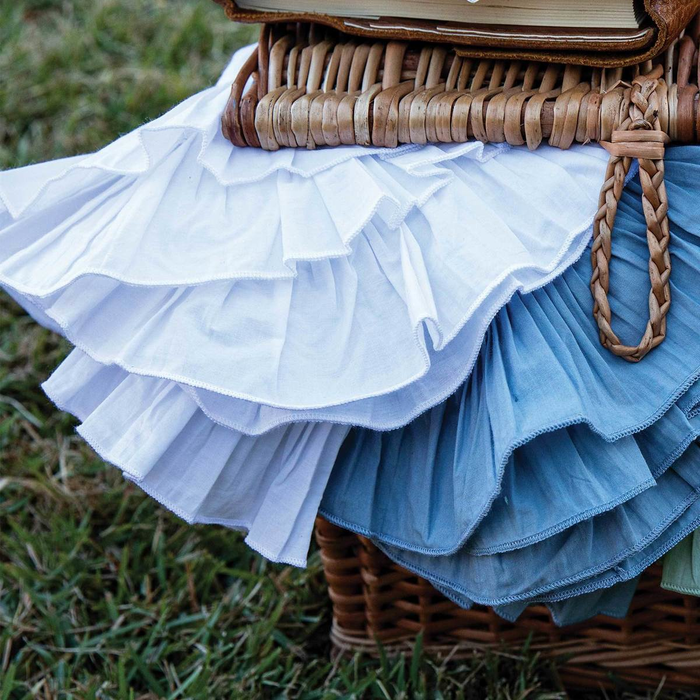 Wicker picnic basket with layered blue and white ruffled napkins on a grassy background