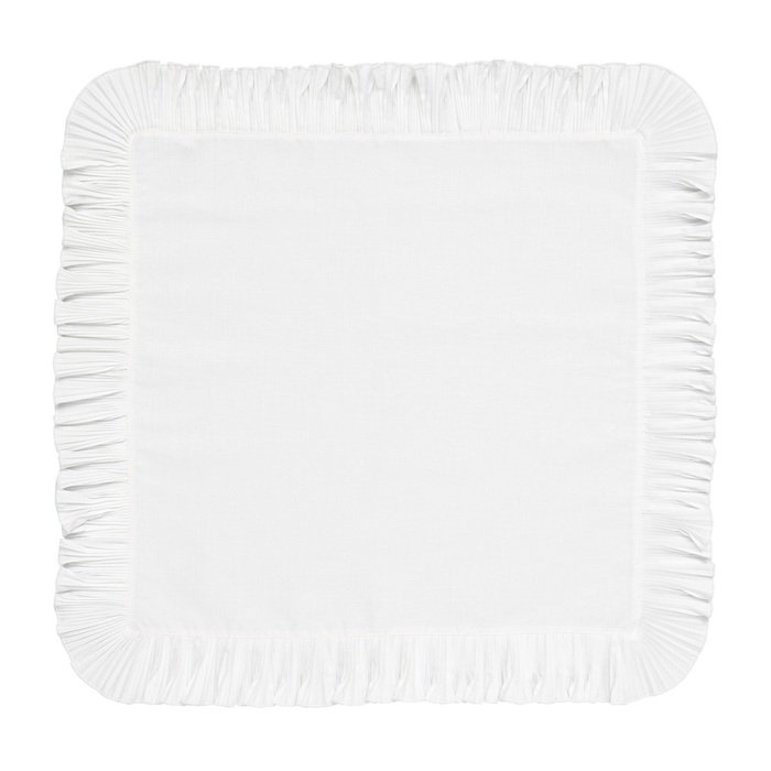 A square white napkin with a fringed border, shown flat