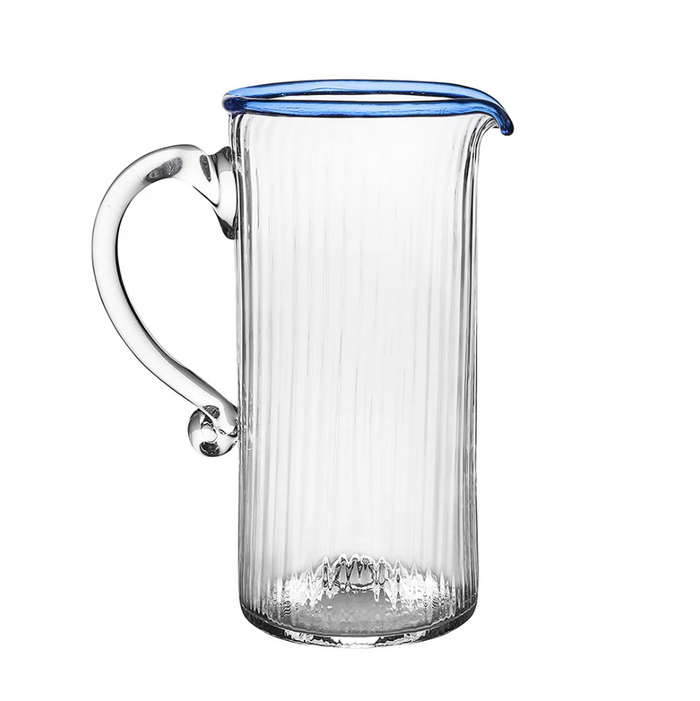 clear glass pitcher with a blue lining on the top