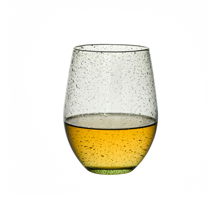 Clear green glass with a textured surface containing white wine