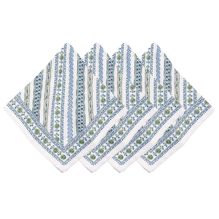 Set of six patterned napkins with blue and green floral and stripe design