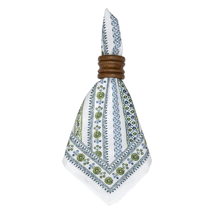 Decorative green white and blue floral and stripes napkin with a wooden ring
