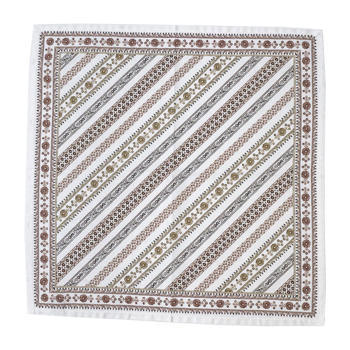 Decorative white napkin with a brown floral stripe design