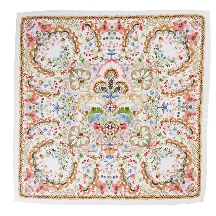 pink green gold and blue floral and geometric patterned napkin