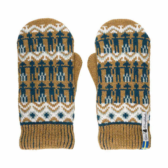 Pair of yellow and blue knitted mittens with a pattern on a white background
