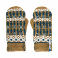 Pair of yellow and blue knitted mittens with a pattern on a white background