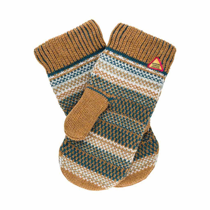Pair of knitted mittens with a pattern on a white background