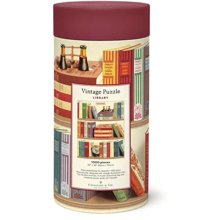 cylindrical puzzle box with vintage library design on a white background