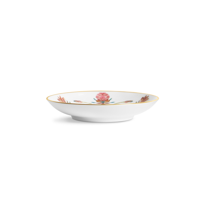 A small white saucer with a painted floral design and a gold rim