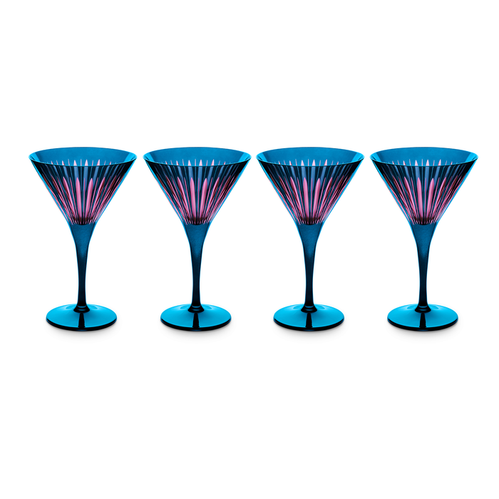 Four blue cocktail glasses with a pink  interior and cut pattern